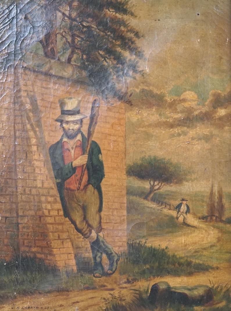 C. H. Larkin, oil on canvas, 'Highwayman in hiding waiting to pounce, signed and dated '21, 54 x 41cm